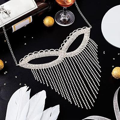 AHANDMAKER Fringe Masquerade Mask for Women, Rhinestone Tassel Face Mask Face Veil Mask Chain for Mardi Gras Halloween Party Iron