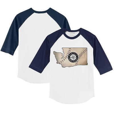 Women's Tiny Turnip White/Navy Seattle Mariners Baseball Love Raglan 3/4-Sleeve T-Shirt