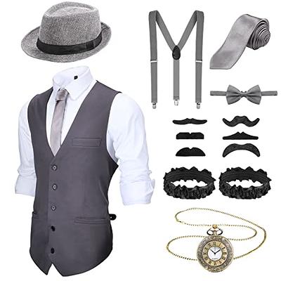 SATINIOR 1920s Mens Costume 20s Halloween Cosplay Accessories Outfit with  Gangster Vest Hat Pocket Watch Suspenders Tie(Gray, XX-Large) - Yahoo  Shopping