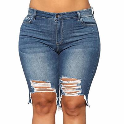 Ripped Cuffed Hem Denim High Stretch Jeans Solid Washed Blue - Temu