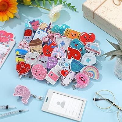 Acrylic Glitter Retractable Badge Reel ID Name Badge Holder Heart Badge Reels with Alligator Clip and Retractable Cord for Nurse Office,Flower