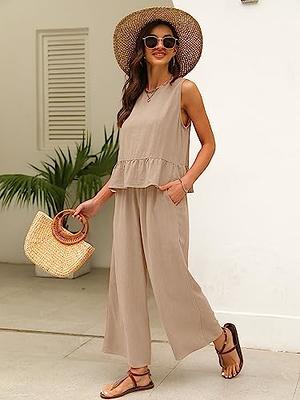 Womens Summer 2 Piece Outfits Sleeveless Slim Crop Tank Top and Casual  Loose Baggy Flowy Wide Leg Palazzo Long Pants