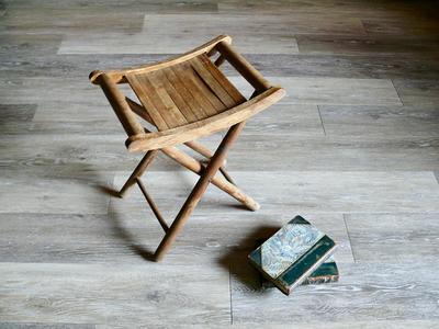 Vintage Folding Wood Camping Stool With Curved Slatted Seat
