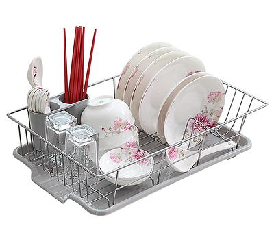 Basicwise Stainless Steel Dish Rack with Plastic Drain Board and Utensil Cup