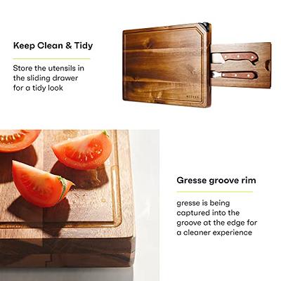 KitchenEdge Premium Acacia Wood Cutting Board Set of 3, Juice Groove and Non-Slip Feet, Thick Wood Trays for Cheese, Vegetables, Meat, Fruit, Heavy