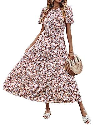 Auroural Womens Dresses Clearance Women's Boho Summer Printed Short Sleeve  Smocked Flowy Tiered Party Dress Beach Maxi Dress