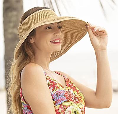 Summer Sun Visors for Women Wide Brim Roll Up Straw Beach Sun