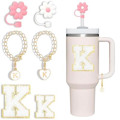 2PCS Straw Cover for Stanley Cup 30&40 Oz 10mm Flower Silicone Straw Topper  Protector Lid with Initial Personalized Letter Charm Stanley Tumblers