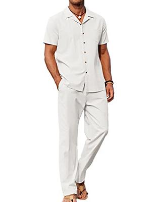 COOFANDY Men's 2 Pieces Linen Set Casual Henley Shirts Short Sleeve Beach  Yoga Shorts Summer Pants Outfits 01-white Medium
