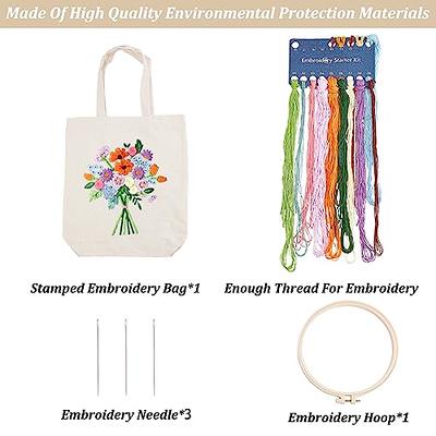 DIY Flower Embroidery Bag Kit for Beginners, Canvas Tote