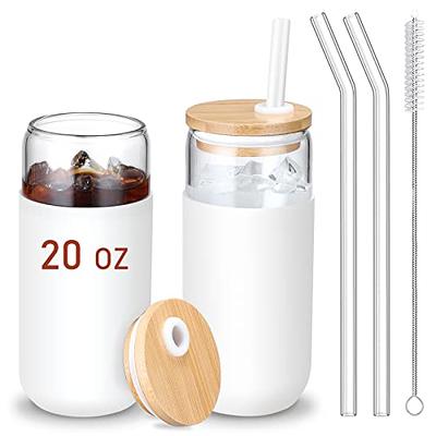 Straw Cup Glasses with Bamboo Lids and Glass Straw Reusable Drinking  Glasses Can Shaped Glass Cups