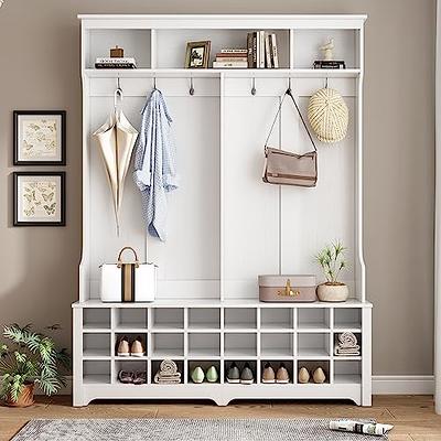 Modern 60-inch Wide White Entryway Hall Tree with Hooks and 24