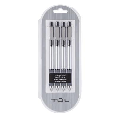 TUL Retractable Gel Pens, Medium Point, 0.7 mm, Silver Barrel, Assorted Inks, Pack of 4 Pens