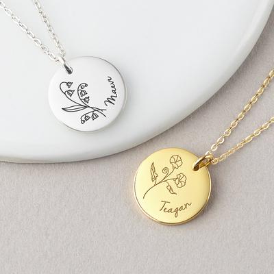 Silver June Rose Birth Flower Disc Necklace | Jewellerybox.co.uk