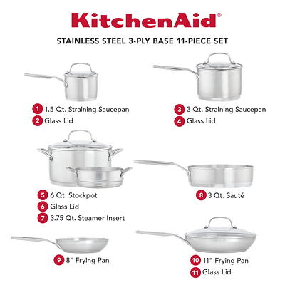 KitchenAid 3-Ply Base Stainless Steel Cookware Set, 11-Piece, Brushed  Stainless Steel - Yahoo Shopping