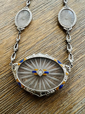 Antique Art Deco Enamel & Camphor Glass 14K White Gold Diamond Necklace -  Yahoo Shopping