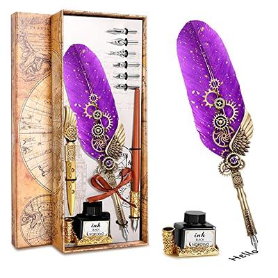 Quill Pen Calligraphy Pen Set - Antique Mechanical Steampunk Style  -Mechanical Design Feather Pen with Wooden Dip Pen for Fun Writing  Experience. Quill Pen Ink Set is a Basic Calligraphy Kit.(Purple) 