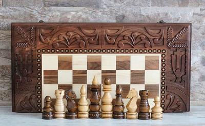 Handmade Chess Board, Wooden, 3 in one