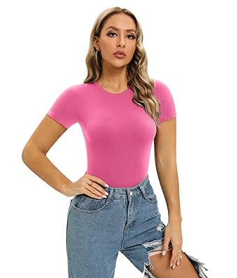 SHAPERX Women's Fit Everybody Bodysuit Soft Crew Neck T-shirt Body Suits  with Thong Design, SZ5249-Pink-XS - Yahoo Shopping
