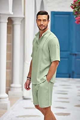 COOFANDY Men 2 Piece Linen Outfit Beach Button Down Shirt Casual Loose Pant Sets