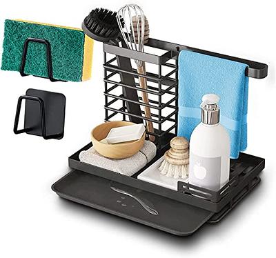 Sponge Holder with Drain Pan for Kicthen Sink, Kitchen Sink Caddy Organizer  for Sponge Brush Soap Dish Dishcloth Rack, Small Black