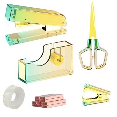 Buqoo Stapler and Tape Dispenser Kit Acrylic Desk Organize Accessories Scissors Clear Tape Dispenser Gold Stapler Office Supplies