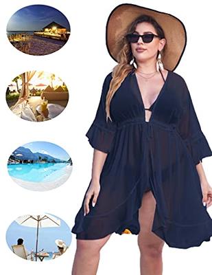 IN'VOLAND Plus Size Women's Cover up Swimsuit Chiffon Ruffle Sleeve Kimono Long  Beach Cardigan Navy Blue - Yahoo Shopping