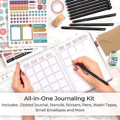 ZICOTO Ultimate All-in-One Journaling Kit - Incl. Dotted Journal, Stencils,  Stickers, Pens, Washi Tapes, Small Envelopes and More Bullet Checklist