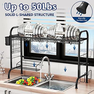 Over The Sink Dish Drying Rack,Adjustable,2 Tier Stainless Steel Dish Rack  Drainer, Large Stainless Steel Dish Rack Over Sink for Kitchen Counter Organizer  Storage Space Saver with Hooks (25.6-33.5) 