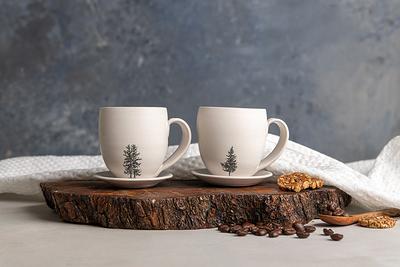 Set Of Two White Espresso Cups With Handle & Saucers, 2 Ceramic Tree,  Pottery 5 Oz Cups, Teacups Or Coffee - Yahoo Shopping