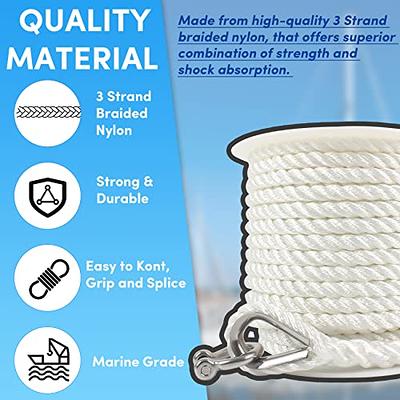 Premium Anchor Rope 100 ft x 3/8 inch, 3 Strand Nylon Anchor Line