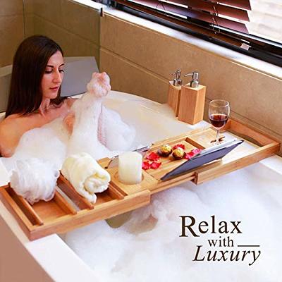 Natural Bamboo Luxury Bathtub Caddy Tray Organizer for Bath Products -  Water Resistant 
