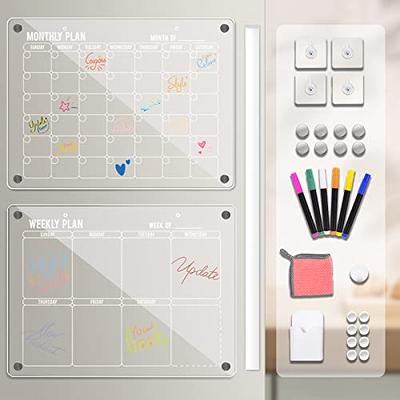  Acrylic Magnetic Dry Erase Board,MOOACE Adhesive Calendar  Planner Board for Fridge and Wall Set of 2,Includes 6 Magnetic Markers with  3 Colors,Pen Holder,Clean Cloth and Self Adhesive Wall Hooks 