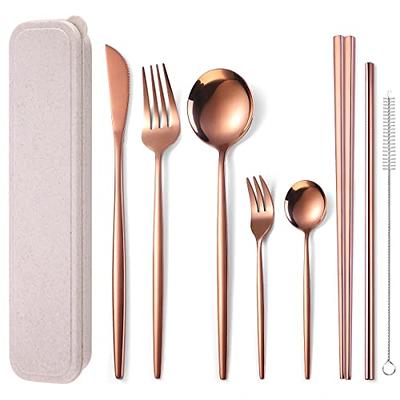 Gold Reusable Utensils with Case Camping Travel Silverware Set,Portable  Stainless Steel Cutlery Set - Matte Flatware Set Knife Fork Spoon Mirror