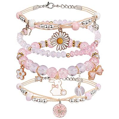 Pink Charm Bracelet, Pink Bracelet, Pink Beaded Bracelet, Pink Bead Bracelet, Stretch Bracelet, Charm Bracelet, Pink Jewelry, Crystal