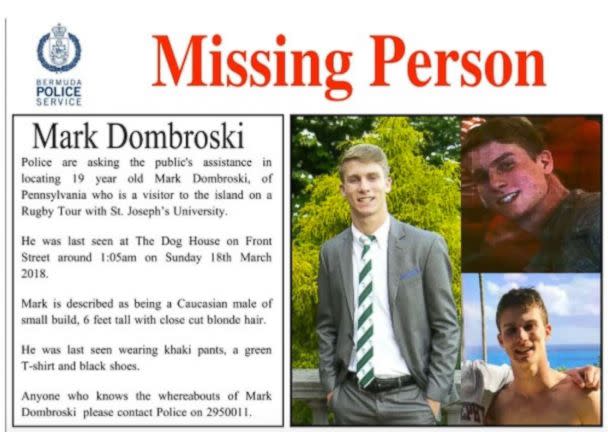 A missing person's poster was released for Mark Dombroski, 19, who went missing on a trip to Bermuda with St. Joseph's University's rugby team. (Bermuda Police Service)