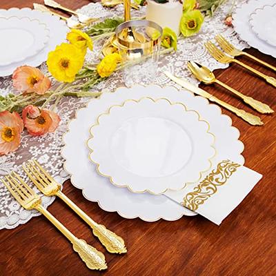 350 Piece M MCIRCO Gold Dinnerware Set - 100 Gold Rim Plastic Plates - 50  Gold Plastic Silverware - 50 Gold Plastic Cups - 50