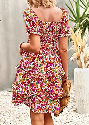 PRETTYGARDEN Women's Summer Casual Midi Dress 2024 Spring Puff Sleeve  Square Neck A-line Flowy Boho Floral Smocked Dresses at  Women's  Clothing store