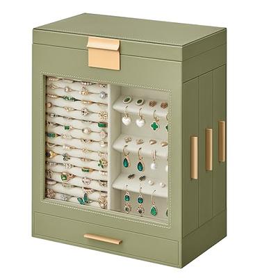 5-Layer Jewelry Organizer with 3-Side Drawers with Big Mirror, Cloud White  and Metallic Gold