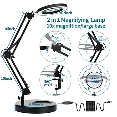 10X Magnifying Glass with Light, KUVRS 2-in-1Anti-Tipping Base & Clamp  Magnifying Lamp, 3 Color Modes Stepless Dimmable, Adjustable Swing Arm  Lighted