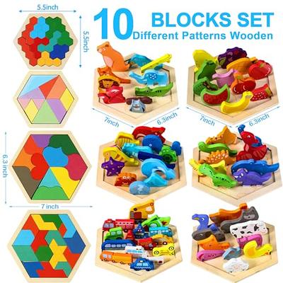 Brain Teasers Puzzles Toy for Kids & Adults | 16 Pcs Wooden Colorful  Hexagon Fun Geometry Logic Tangram Puzzles Table IQ Game STEM Montessori