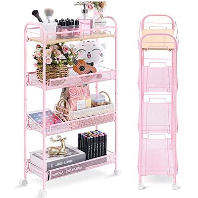 KPX Slim Rolling Storage Cart Kitchen Small Shelves Organizer with Casters  Wheels Mobile Bathroom Slide Utility Cart, Small Shelf for Laundry Room,  Make Up, Home School, Dorm Room (4-Tier, Pink)