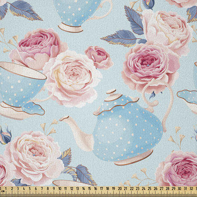 Ambesonne Vintage Fabric By The Yard, Flowers Roses Vintage Teapot