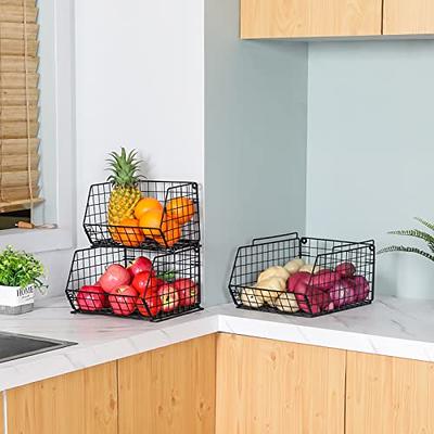 Hanging Fruit Basket Wire Baskets with Wood Lid, 2 Pack Stackable Kitchen  Counter Organizer Countertop Onion and Potato Storage, Wall Mounted Produce