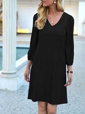 3/4 Sleeve V Neck Dress Black/S - Yahoo Shopping