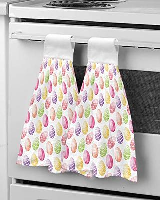 Kitchen Towels with Hanging Loop 2 Pack, Cute Easter Eggs Colorful