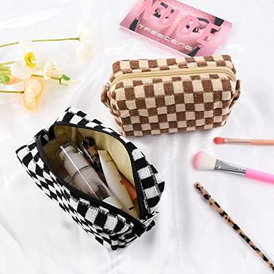  SOIDRAM Makeup Bag Checkered Cosmetic Bag Brown Makeup Pouch  1Pcs Large Capacity Makeup Bags and 1Pcs Makeup Brushes Storage Bag Travel Toiletry  Bag Organizer : Beauty & Personal Care