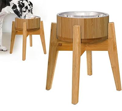 Adjustable Bamboo Elevated Pet Feeder, Large Raised Stainless Steel Food and Water Bowls for Dogs and Cats (3 inch, 8 inch, and 12 inch Heights)