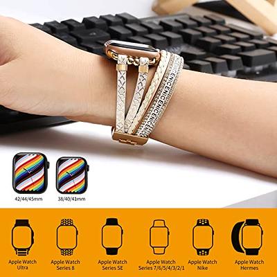 WONMILLE Posh Leather Bands Compatible with Apple Watch 41mm 40mm 38mm 45mm 44mm 42mm 49mm Women, Boho Bracelets Jewelry Multilayer Wrap Strap for