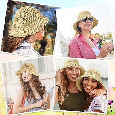 Womens Summer Sun-Hat Outdoor UV Protection Fishing Hat Wide Brim Foldable- Beach-Bucket-Hat with Ponytail-Hole Beige